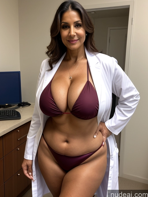 ai nude image of arafed woman in a lab coat posing in a bathroom pics of Milf One Busty Huge Boobs Thick Tanned Skin 70s Indian Front View Microkini Thong Vampire Doctor Lab Coat