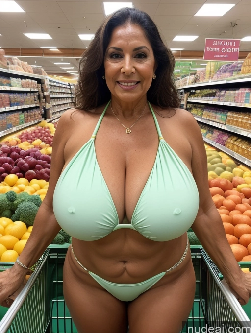 ai nude image of arafed woman in a bikini standing in a grocery store pics of Milf One Busty Huge Boobs Thick Tanned Skin 80s Brazilian Grocery Front View Microkini Thong