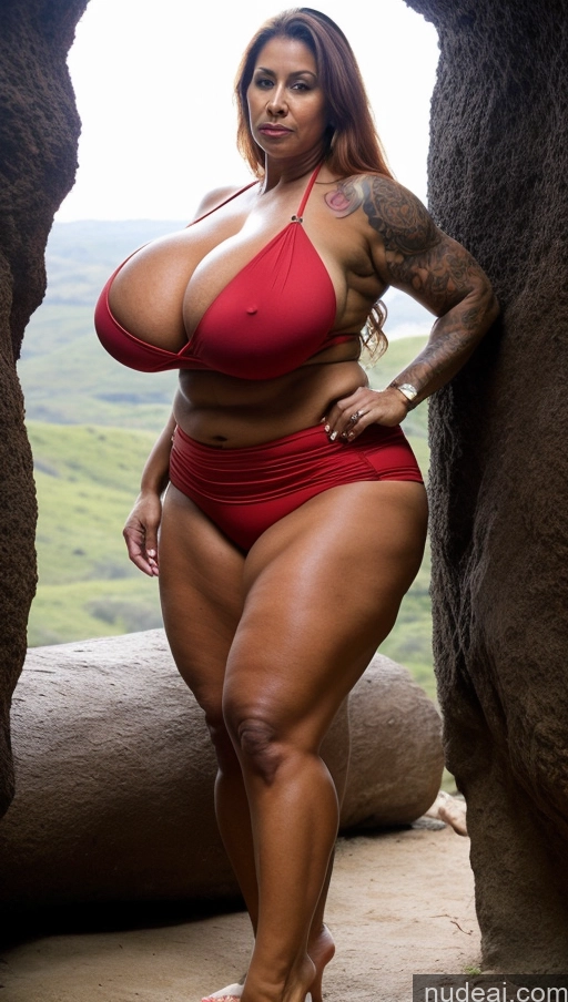 ai nude image of arafed woman in a red bikini posing in a cave pics of Milf One Busty Huge Boobs Muscular Big Ass Thick Dark Skin Bikini Long Skirt Big Hips Beautiful Tall Long Hair 50s Latina Hell Front View Tattoos Ginger