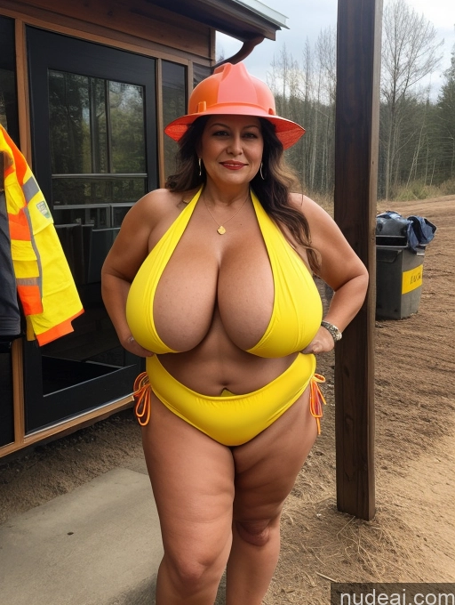 ai nude image of araffe woman in a yellow bikini and hard hat posing for a picture pics of Milf One Busty Huge Boobs Thick Tanned Skin Front View Microkini Thong Construction Worker 70s Native American Lumberjack Vampire Witch