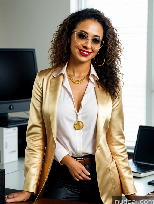 ai nude image of there is a woman in a gold jacket and black pants posing for a picture pics of Woman Beautiful Sunglasses Lipstick Small Ass Short Pubic Hair Curly Hair Tanned Skin 30s Brunette Latina Detailed Front View Laughing Serious Office Lab Coat Gold Jewelry Two Dark Lighting