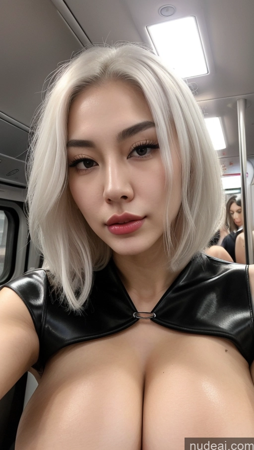 ai nude image of araffed asian woman with big tits riding a subway pics of Model Perfect Boobs Skinny Perfect Body Fairer Skin 18 Sexy Face Seductive Pouting Lips Skin Detail (beta) Cleavage Detailed White Hair Korean Train Huge Boobs Fishnet Reverse Bunnysuit