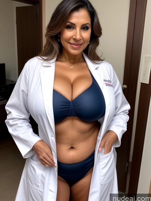 ai nude image of arafed woman in a lab coat posing for a picture pics of Milf One Busty Huge Boobs Tanned Skin Thick Indian Front View Microkini Thong 70s Vampire Doctor Lab Coat