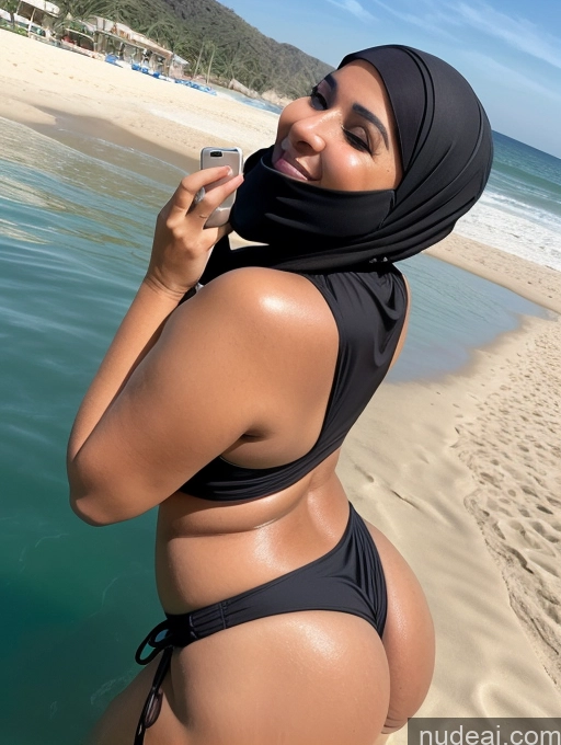 ai nude image of araffe woman in a black bikini and hijab on the beach pics of Milf One Huge Boobs Big Ass Chubby Big Hips Short Oiled Body 60s Laughing Arabic Mirror Selfie Beach Front View Niqab Microkini Bright Lighting Detailed