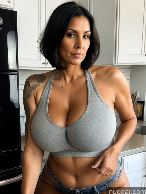 related ai porn images free for Eating Kitchen Serious Tank Top Jeans Cleavage Huge Boobs Tall Tanned Skin Long Legs Tattoos White Front View 30s Milf Black Hair Bobcut