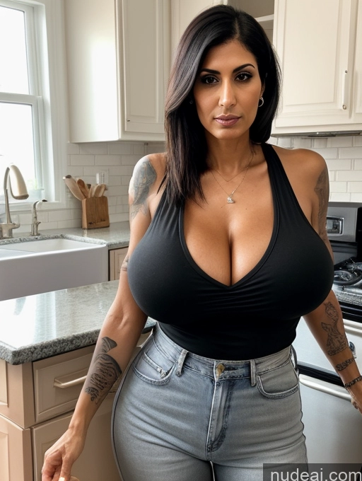 related ai porn images free for Eating Kitchen Serious Tank Top Jeans Cleavage Huge Boobs Tall Tanned Skin Long Legs Tattoos Front View 30s Milf Black Hair Bobcut Arabic