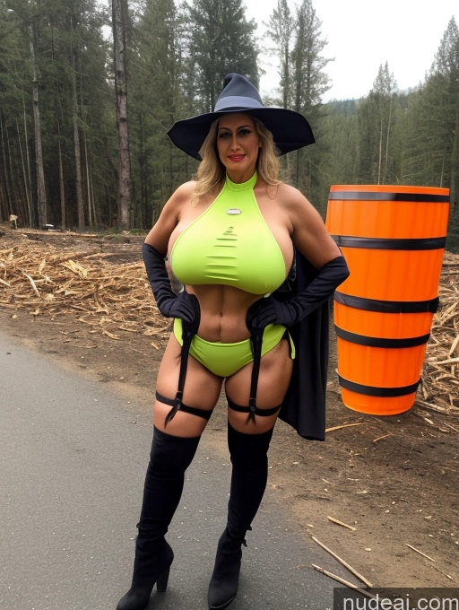 ai nude image of araffe woman in a green bikini and black hat posing for a picture pics of Milf One Busty Huge Boobs Tanned Skin Thick Front View Microkini Thong 70s Vampire Latina Construction Worker Lumberjack Halloween Witch