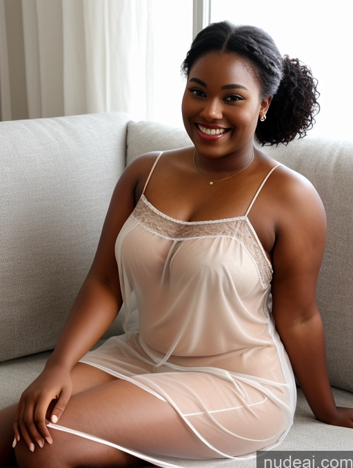 ai nude image of there is a woman sitting on a couch wearing a dress pics of Sorority Chubby Short Pubic Hair Dark Skin 20s Happy Hair Bun Black Couch On Back Nightgown Transparent