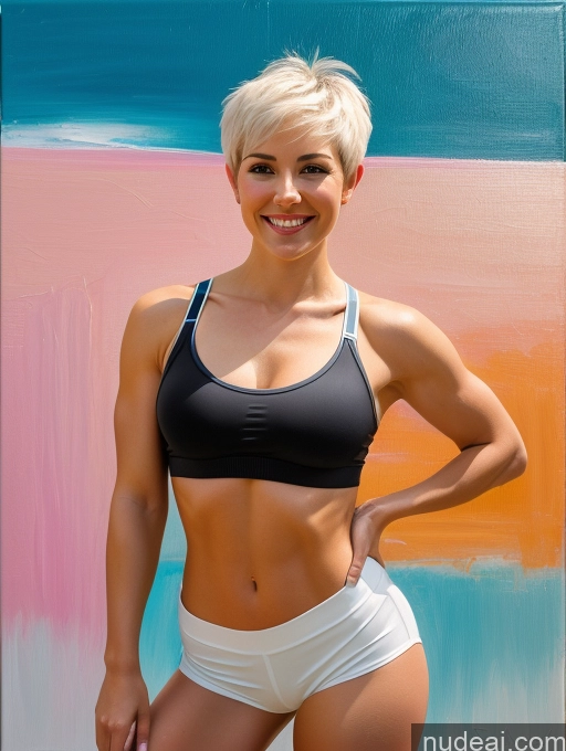 ai nude image of blond woman in black sports bra top and white shorts posing for a picture pics of Woman Short Shorts Sports Bra Black Hair Pixie White Small Tits Abs Beautiful Front Facing Full Body 20s Happy Fairer Skin Painting