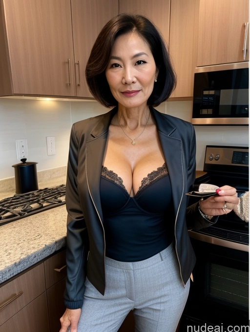 ai nude image of woman in black jacket and grey pants standing in kitchen with stove pics of Milf Two Perfect Boobs Beautiful Perfect Body 70s Bobcut Chinese Kitchen Bra Jacket Professor Stylish Suit Cleavage Dark Lighting Detailed Sexy Face