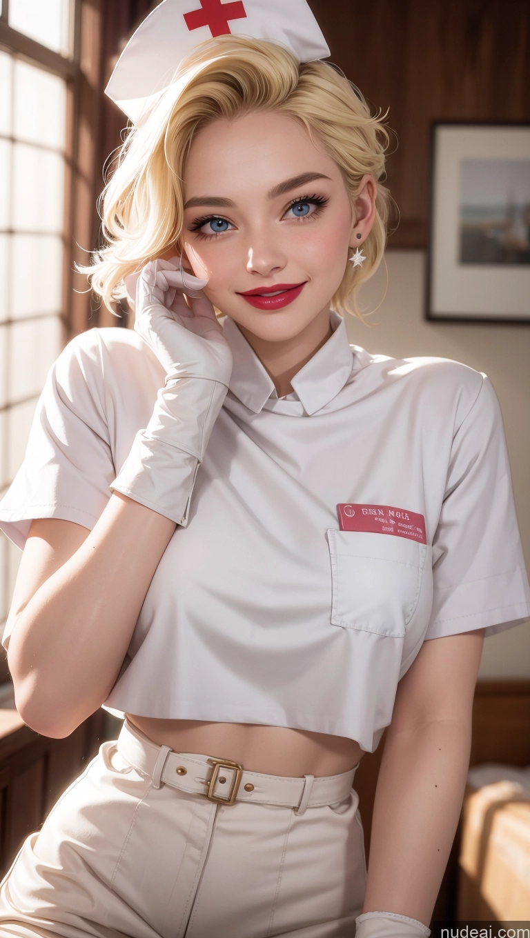 ai nude image of blonde haired nurse in white uniform posing for a picture pics of 18 Happy Slicked Blonde Lipstick Nurse Gloves