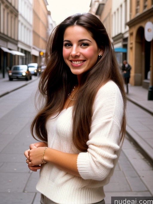 ai nude image of smiling woman in white sweater and grey pants standing on a city street pics of Woman 20s Happy Front View Street 80s Latina Long Hair Beautiful Brunette