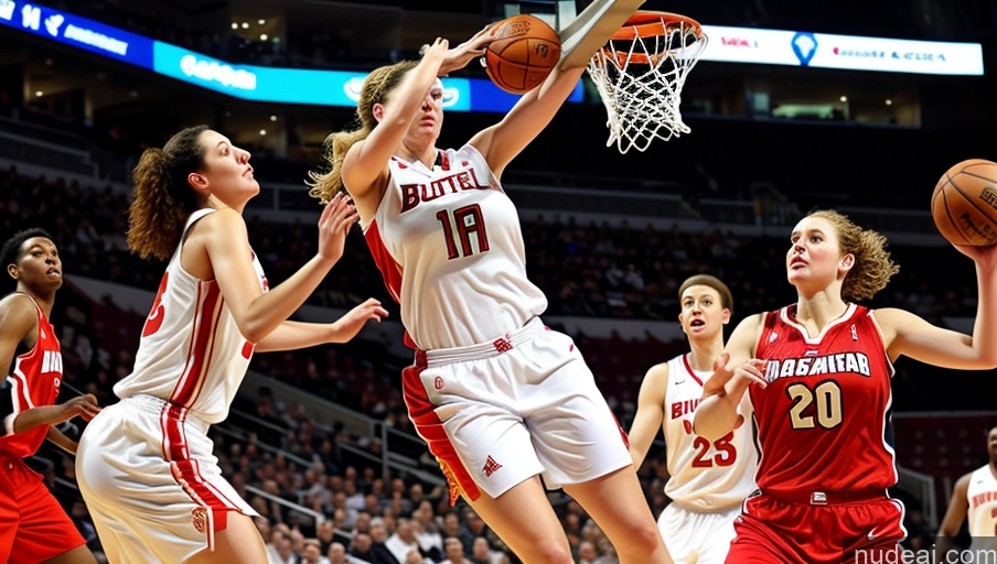 ai nude image of arafed female basketball player in a red and white uniform going for the basket pics of Several Woman Busty Big Ass Big Hips Fairer Skin Basketball Dynamic View