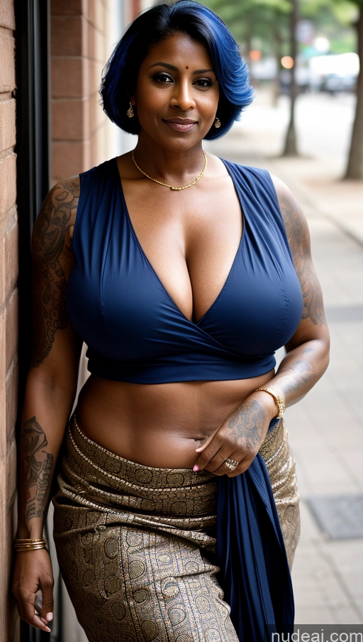 ai nude image of there is a woman with blue hair and a blue top posing for a picture pics of Milf Huge Boobs Beautiful Tattoos Muscular Big Ass Big Hips Tall Dark Skin Cleavage Street Blouse Sari Film Photo Straight Black Thick Blue Hair Close-up View