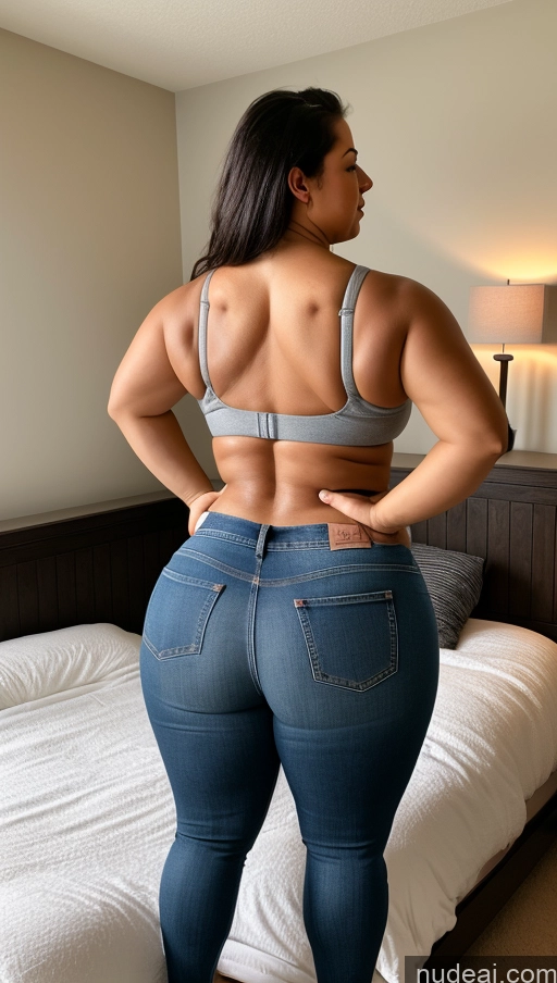 ai nude image of araffe woman in jeans standing on a bed with a white comforter pics of Athlete Big Ass Big Hips Jeans Bedroom