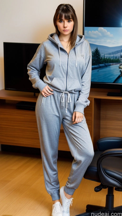 ai nude image of arafed woman in a grey hoodie and sweatpants standing in front of a tv pics of Glasses Small Ass Short Fairer Skin Muffin Top 18 Serious Brunette Bangs Latina Small Tits Gaming Naked Hoodie 裸体卫衣 One Detailed Sorority Casual Dynamic View Harem Pants Adjusting Clothes