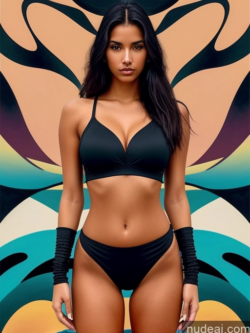 ai nude image of a woman in a black bikini top and black gloves standing in front of a colorful background pics of Model One Perfect Boobs Perfect Body Tanned Skin 18 Sexy Face Black Hair Long Hair Brazilian Surrealist Crop Top Short Shorts