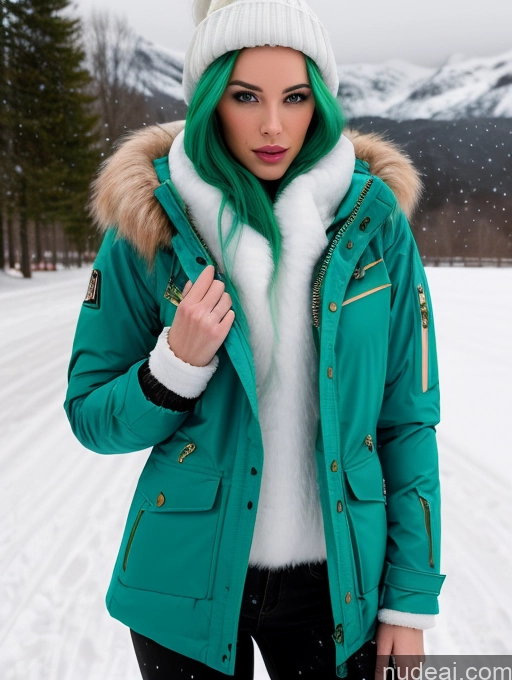 related ai porn images free for Miss Universe Model One Fairer Skin 20s Green Hair French Detailed Snow Long Hair Jacket Stylish