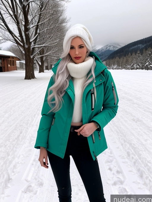 related ai porn images free for Miss Universe Model One Fairer Skin 20s Green Hair French Detailed Snow Long Hair Jacket Stylish