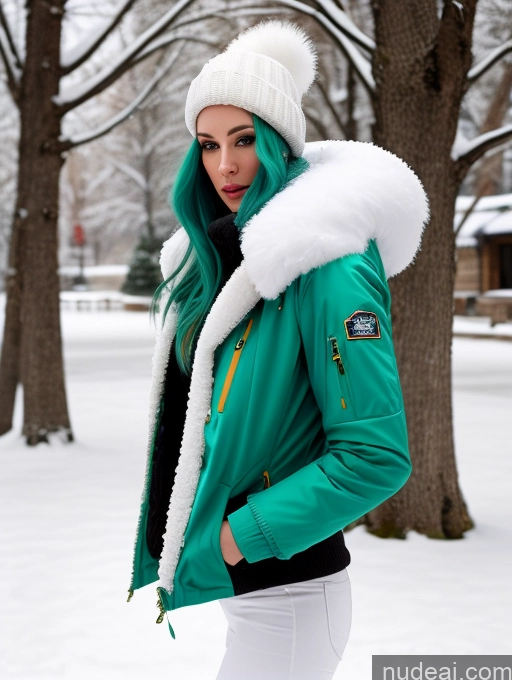 related ai porn images free for Miss Universe Model One Fairer Skin 20s Green Hair French Detailed Snow Long Hair Jacket Stylish