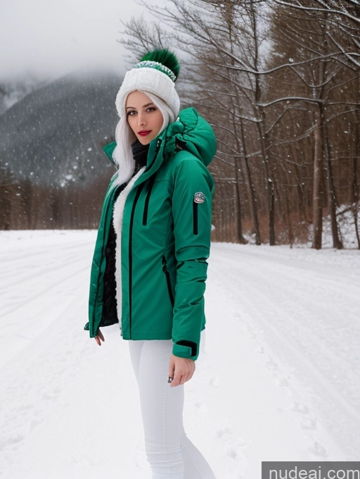 related ai porn images free for Miss Universe Model One Fairer Skin 20s Green Hair French Detailed Snow Long Hair Jacket Stylish