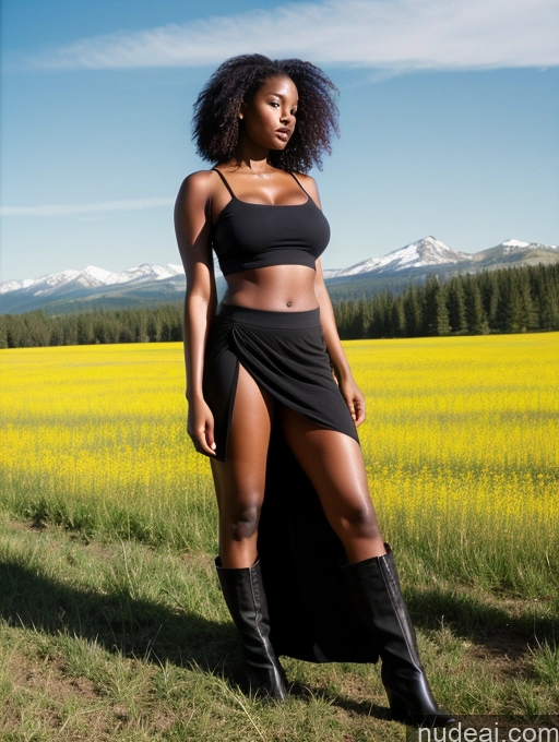 related ai porn images free for Woman One Perfect Boobs Big Ass Perfect Body Curly Hair Dark Skin Brunette Black Detailed Film Photo Meadow Front View Long Skirt Crop Top Boots