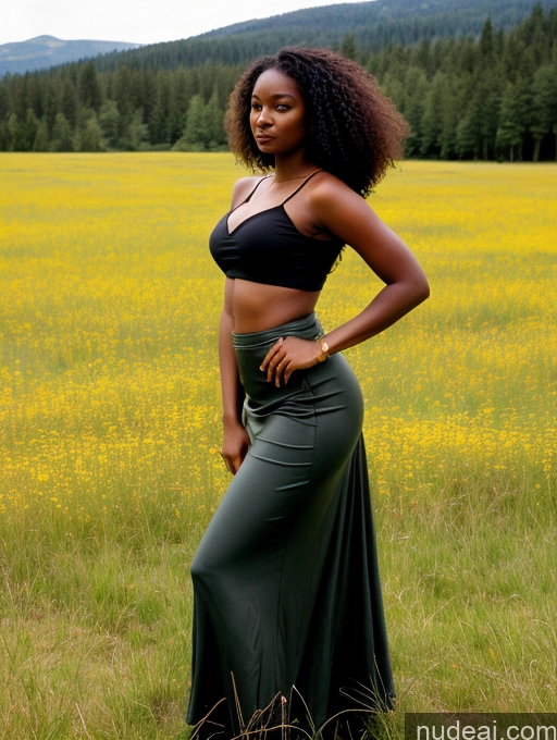 related ai porn images free for Woman One Perfect Boobs Big Ass Perfect Body Curly Hair Dark Skin Brunette Black Detailed Film Photo Meadow Front View Long Skirt Crop Top Boots