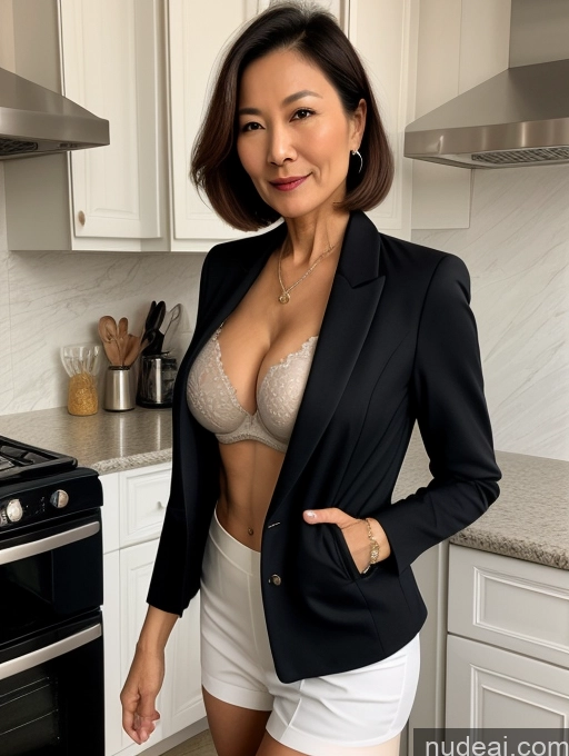 ai nude image of arafed woman in a black blazer and white shorts posing in a kitchen pics of Milf Two Perfect Boobs Beautiful Perfect Body 70s Bobcut Chinese Kitchen Bra Jacket Professor Stylish Suit Cleavage Detailed Sexy Face