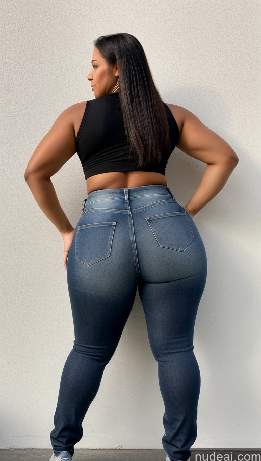 ai nude image of a woman in a black top and jeans standing against a wall pics of Athlete Big Hips Big Ass Jeans Long Hair