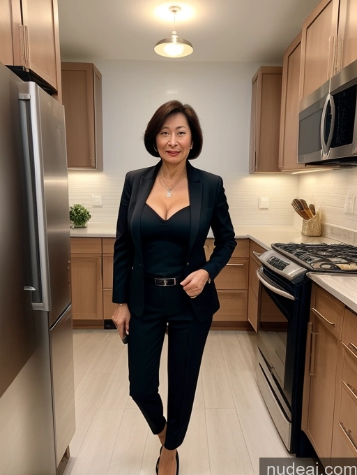 ai nude image of woman in black suit standing in kitchen with stainless steel refrigerator pics of Milf Two Perfect Boobs Beautiful Perfect Body 70s Bobcut Chinese Kitchen Bra Jacket Professor Stylish Suit Cleavage Detailed Sexy Face