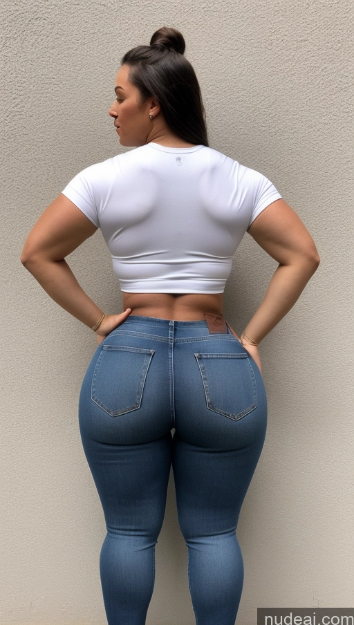 ai nude image of a woman in a white shirt and jeans standing against a wall pics of Athlete Big Ass Big Hips Jeans