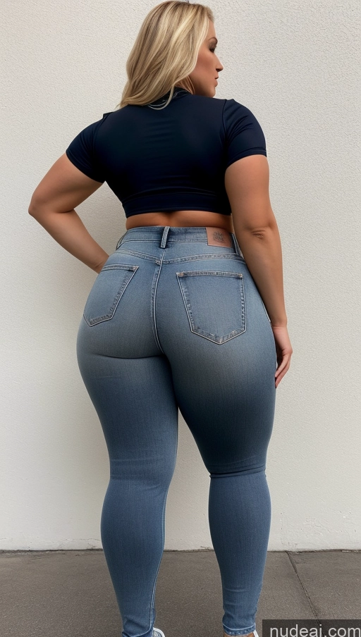 ai nude image of a woman in a black top and jeans standing on a sidewalk pics of Athlete Big Ass Big Hips Jeans Blonde