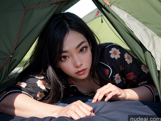 related ai porn images free for Close-up View Dark Lighting On Back Black Hair Tent Asian Long Hair Pajamas