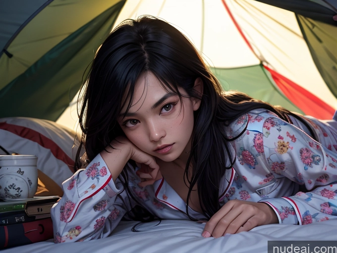 related ai porn images free for Close-up View Dark Lighting On Back Black Hair Tent Asian Long Hair Pajamas