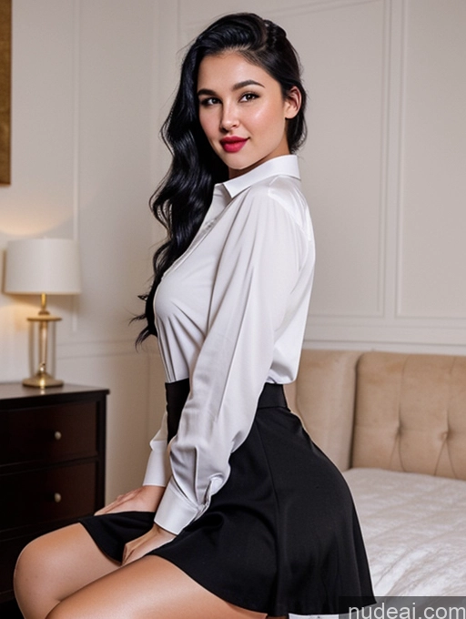 ai nude image of there is a woman sitting on a bed in a white shirt and black skirt pics of Woman One Perfect Boobs Beautiful Lipstick Big Ass Chubby Long Legs Perfect Body 30s Happy Seductive Pouting Lips Black Hair Ponytail Indian Bedroom Front View Spreading Legs Dress Long Skirt Polo Shirt