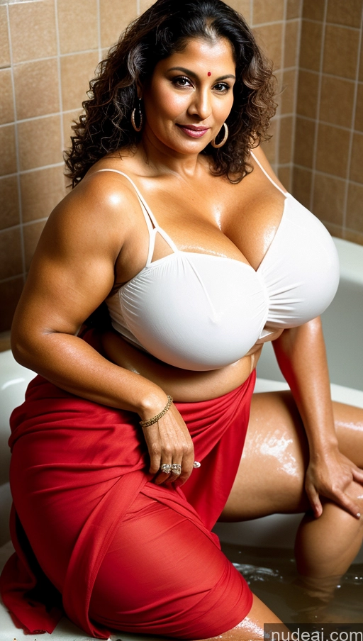 ai nude image of araffe woman in a red skirt sitting in a bathtub pics of Milf Huge Boobs Big Ass Thick Big Hips Seductive Indian Sexy Face Busty Beautiful Tattoos Tall 60s Film Photo Brunette Blouse Sari Street Muscular Tanned Skin Curly Hair Detailed Bathing Close-up View