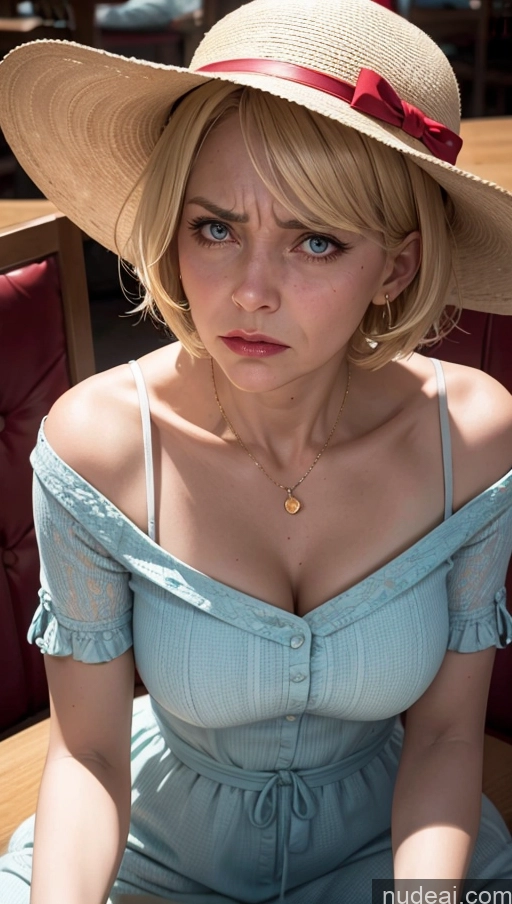 related ai porn images free for Close-up View Bobcut Blonde Milf Sundress Hat 50s Restaurant Angry