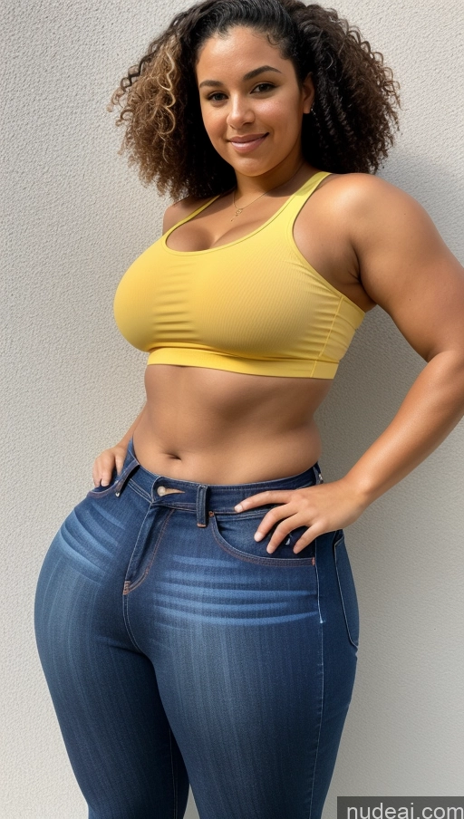 ai nude image of arafed woman in a yellow top and jeans posing for a picture pics of Athlete Big Ass Big Hips Jeans Curly Hair