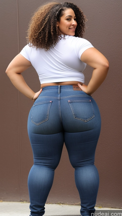 ai nude image of araffe woman in jeans and heels standing on a sidewalk pics of Athlete Big Ass Big Hips Jeans Curly Hair