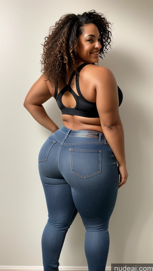 ai nude image of araffe woman in a black bra top and jeans posing for a picture pics of Athlete Big Ass Big Hips Jeans Curly Hair