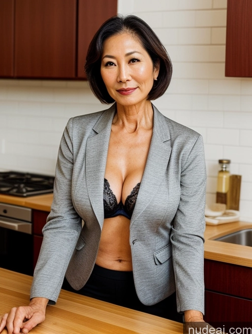 ai nude image of arafed woman in a suit standing at a counter in a kitchen pics of Milf Two Perfect Boobs Beautiful Perfect Body 70s Bobcut Japanese Kitchen Bra Jacket Professor Stylish Suit Cleavage Detailed Sexy Face