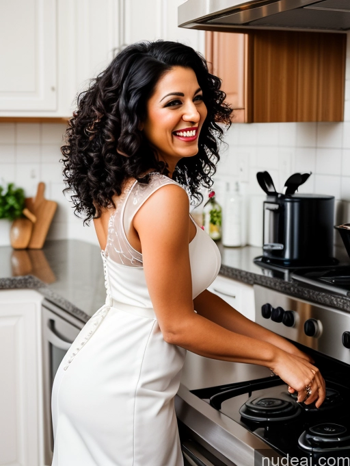 related ai porn images free for Woman Wedding 30s Laughing Black Hair Curly Hair Kitchen Side View Spreading Legs