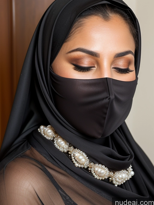 related ai porn images free for Woman One Busty 20s Long Hair Arabic Scarf Pearl Jewelry Dark Lighting Detailed Brunette Bedroom Bending Over Orgasm Long Skirt Niqab Cleavage Close-up View Suit Blouse