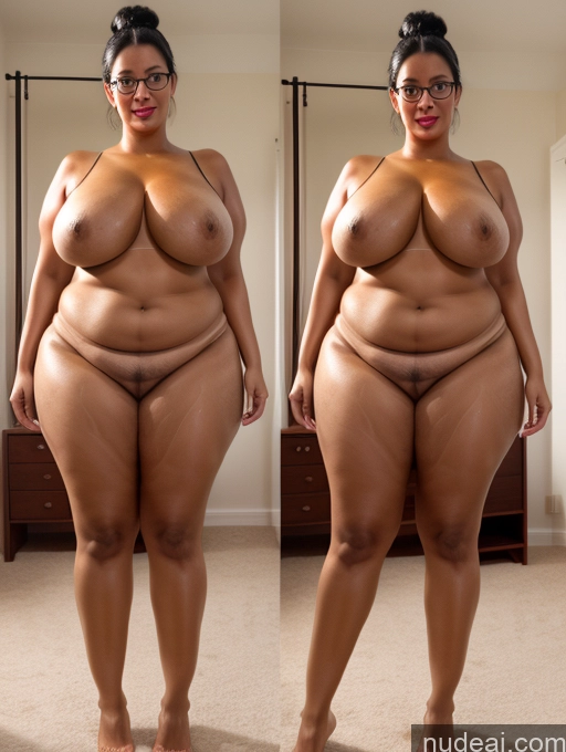 ai nude image of there are two pictures of a woman with big breasts in a room pics of Woman One Busty Thick Oiled Body Tall Pubic Hair Big Ass Big Hips Glasses 40s Seductive Black Hair Bedroom Front View Spreading Legs Nude Indian Hair Bun Sexy Face Chubby Long Legs Lipstick Dark Skin Onoff