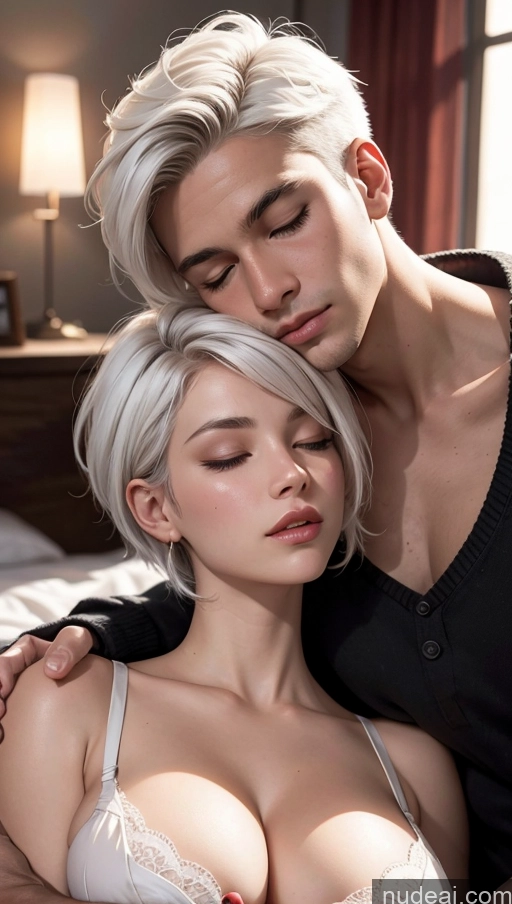 related ai porn images free for Close-up View Woman + Man Dark Lighting Bedroom Sleeping Push-up Bra Pixie White Hair