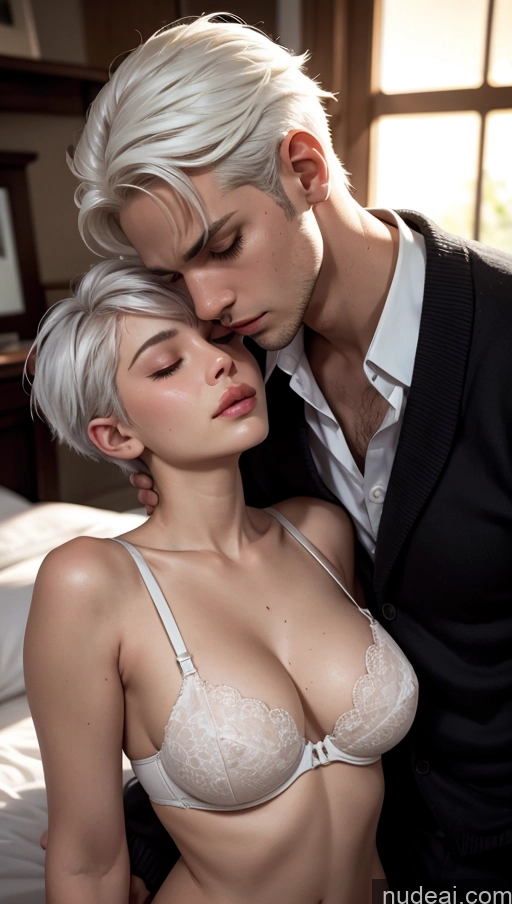 related ai porn images free for Close-up View Woman + Man Dark Lighting Bedroom Sleeping Push-up Bra Pixie White Hair