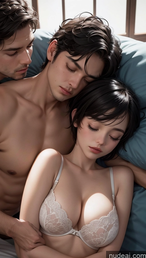 related ai porn images free for Close-up View Woman + Man Dark Lighting Bedroom Sleeping Push-up Bra Pixie Black Hair