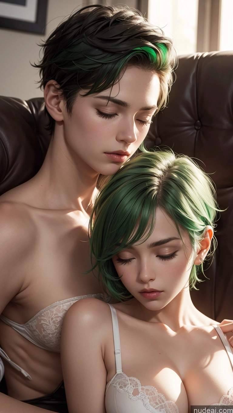 related ai porn images free for Close-up View Dark Lighting Bedroom Sleeping Push-up Bra Pixie Woman + Man Green Hair