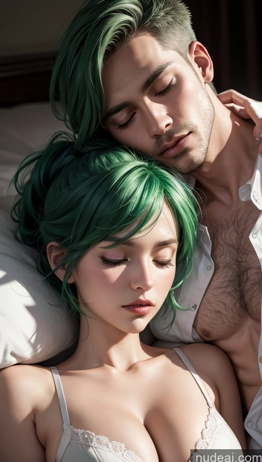 related ai porn images free for Close-up View Dark Lighting Bedroom Sleeping Push-up Bra Pixie Woman + Man Green Hair