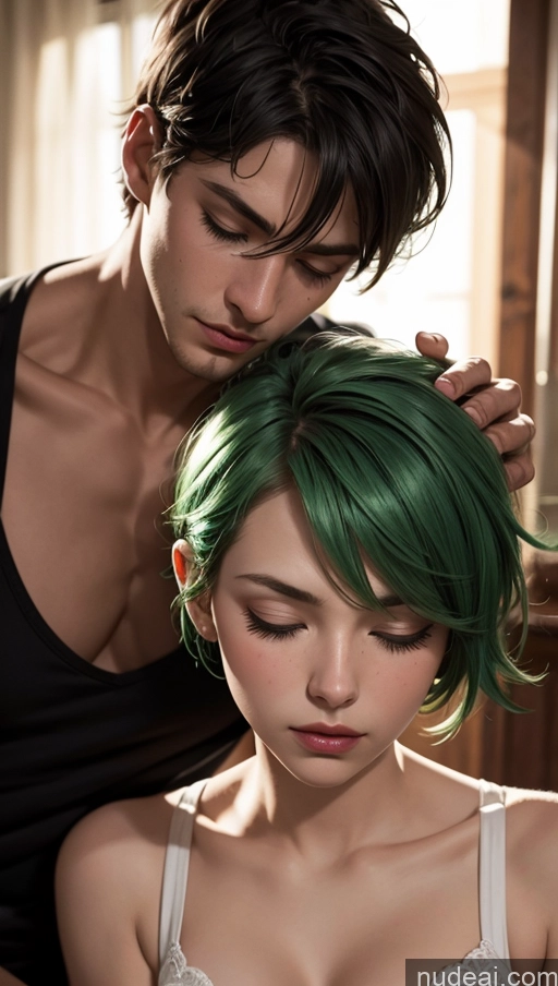 related ai porn images free for Close-up View Dark Lighting Bedroom Sleeping Push-up Bra Pixie Woman + Man Green Hair
